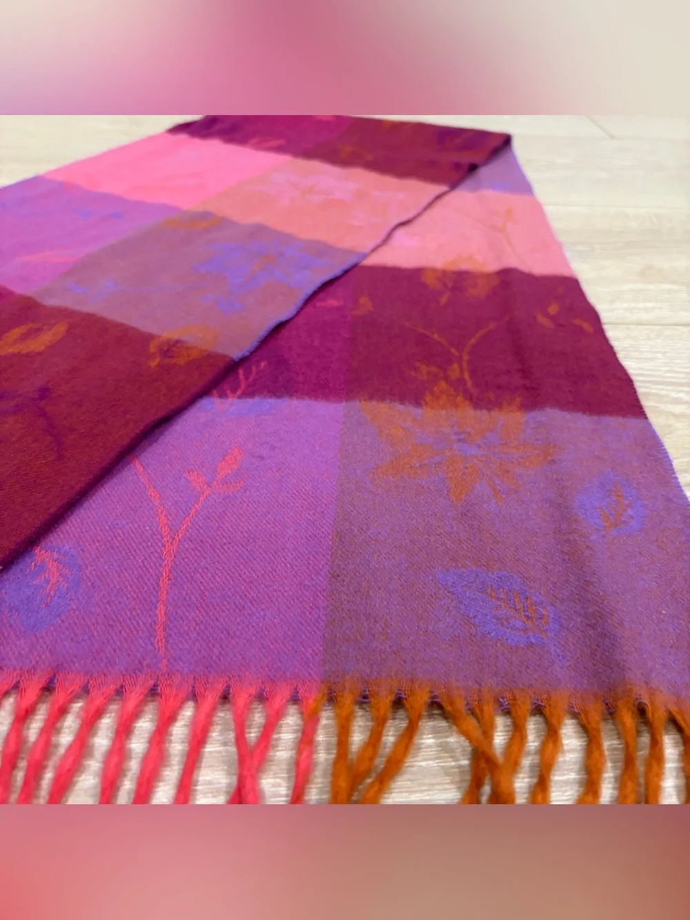 Made in Scotland 100% Cashmere Scarf Floral Jacquard Plaid Pink Purple